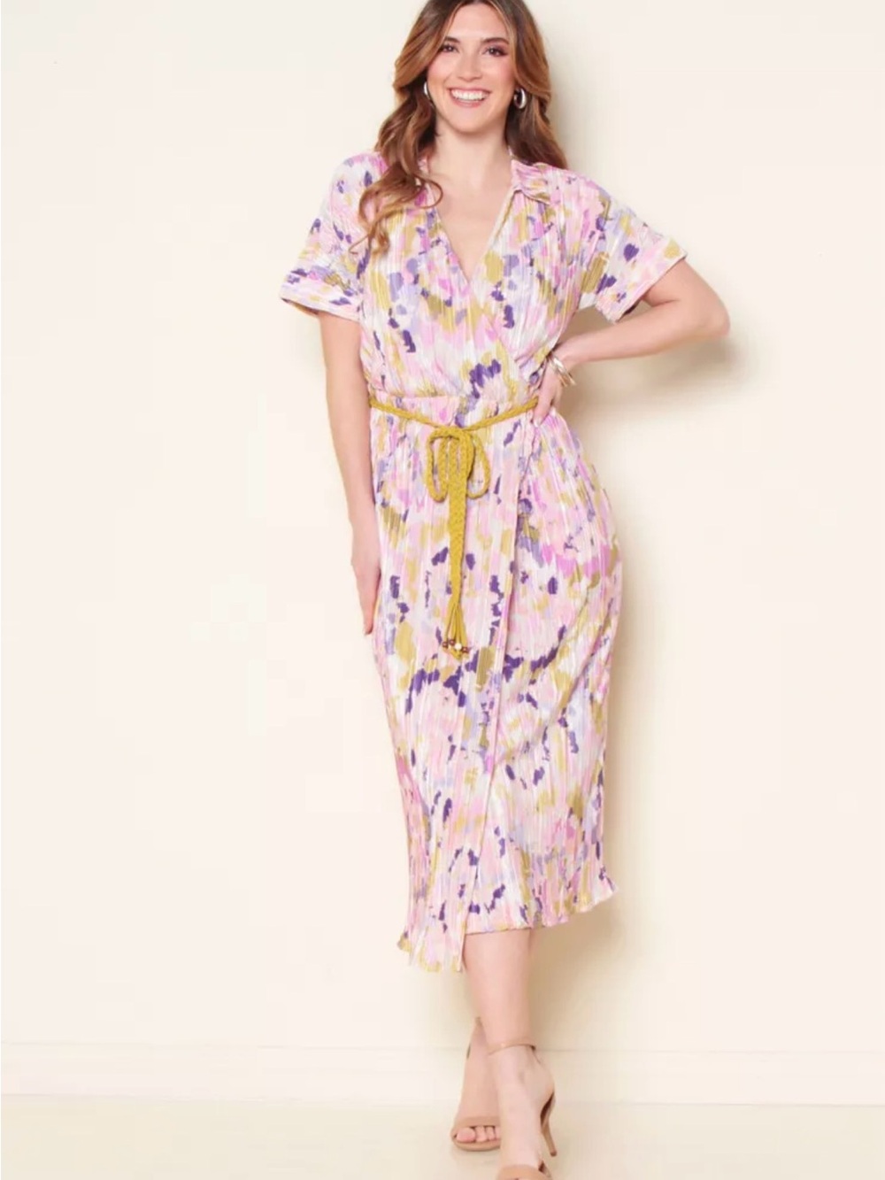 kathy ireland Pleated Midi Dress in Pastel Floral Print with Gold Rope Belt